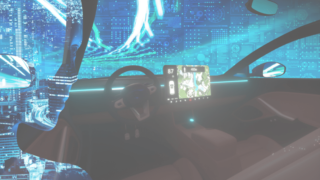 Blick aus futuristischen Auto mit Sicht auf blau leuchtendem verschwimmenden Hintergrund